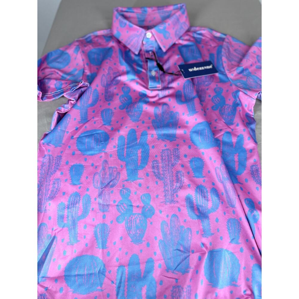 Uideazone Polo Shirt Golf Pink and Blue Cactus Mens Small